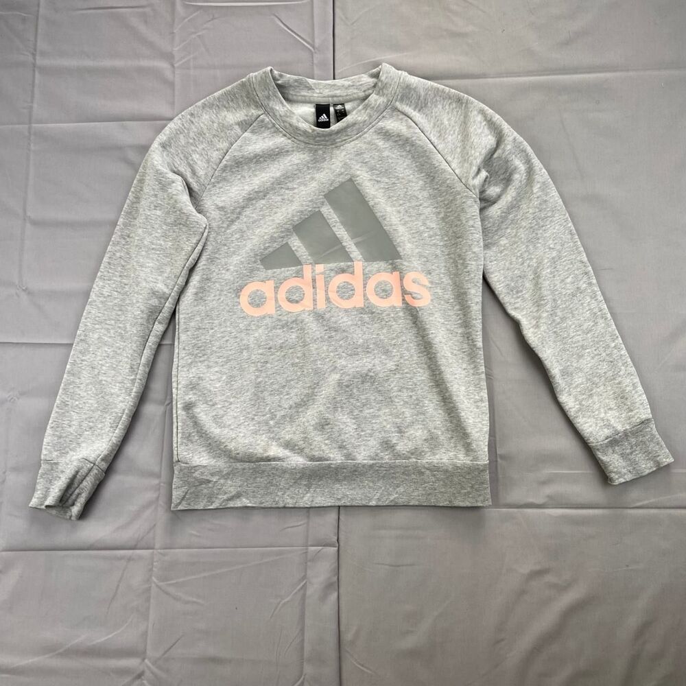 Adidas Women's Small Gray Pink Logo Crewneck Sweatshirt Raglan Raglan Sleeves